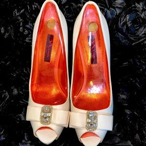 "Nina's Ivory Peep-Toe Luster Satin Heel